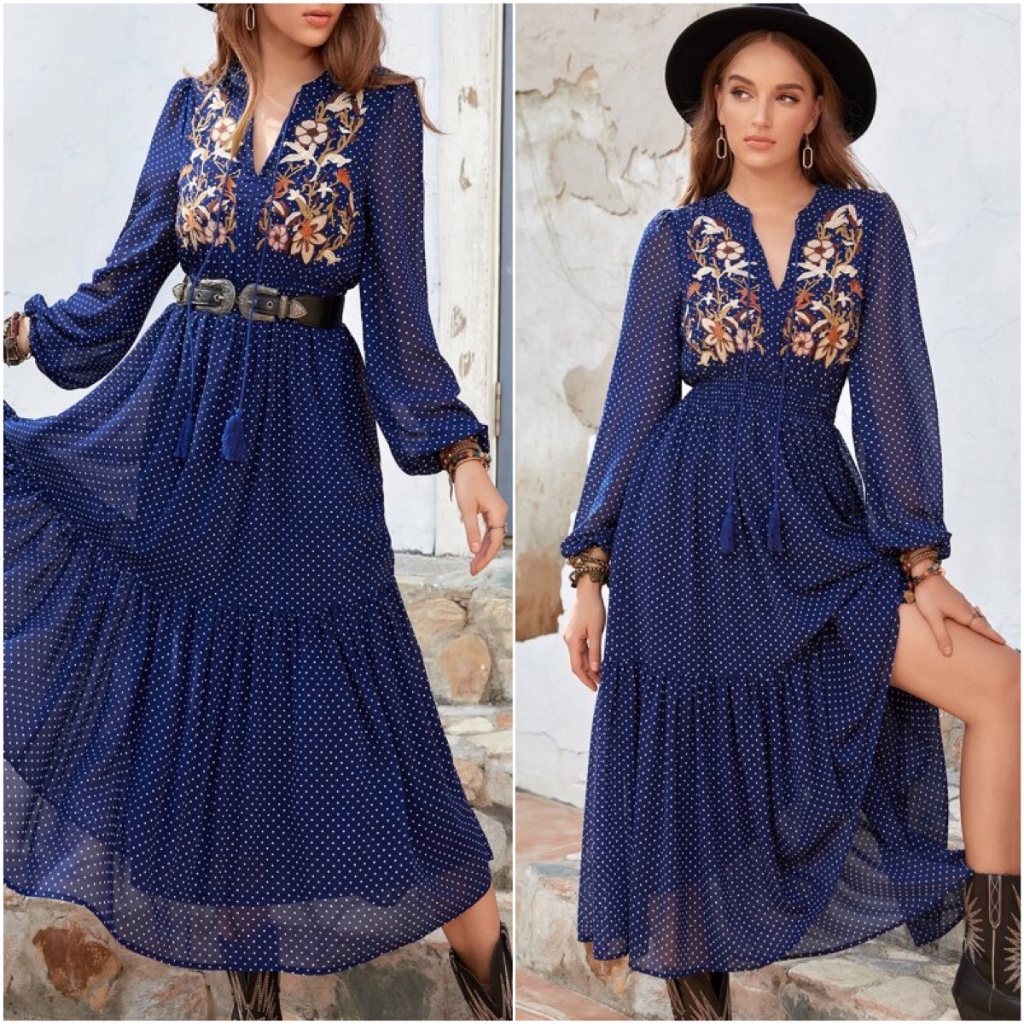 Boho Royal Blue Floral Print Embroidered Dot Long Sleeve Dress